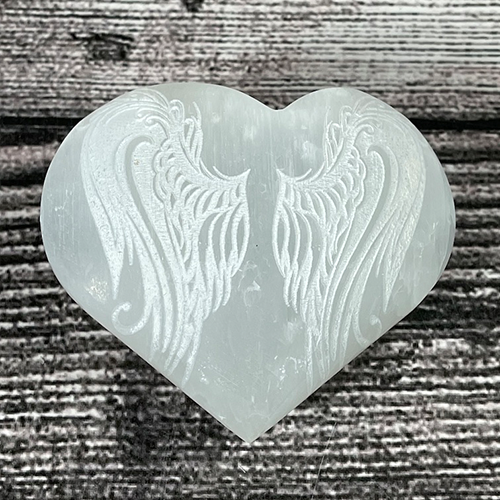 Selenite Heart with Etched Wings