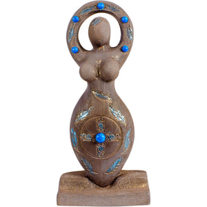 brown cement shaman goddess statue with arms over head in a circle with blue stones and feathers