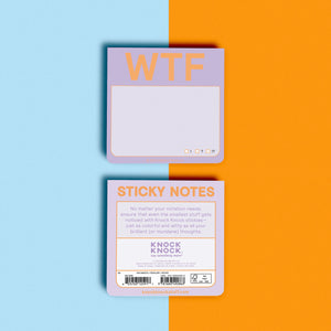 WTF Sticky Notepad  - Front and Back view.
Back View - Information "Sticky Notes" "No matter your notation needs, ensure that even the smallest stuff gets noticed with Knock Knock stickies-just as colorful and witty as all your brilliant (or mundane) thoughts."