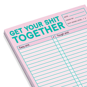 Get Your Shit Together Notepad - "Easy shit" lined column with empty check mark box. "Tough shit" lined column with empty check mark box