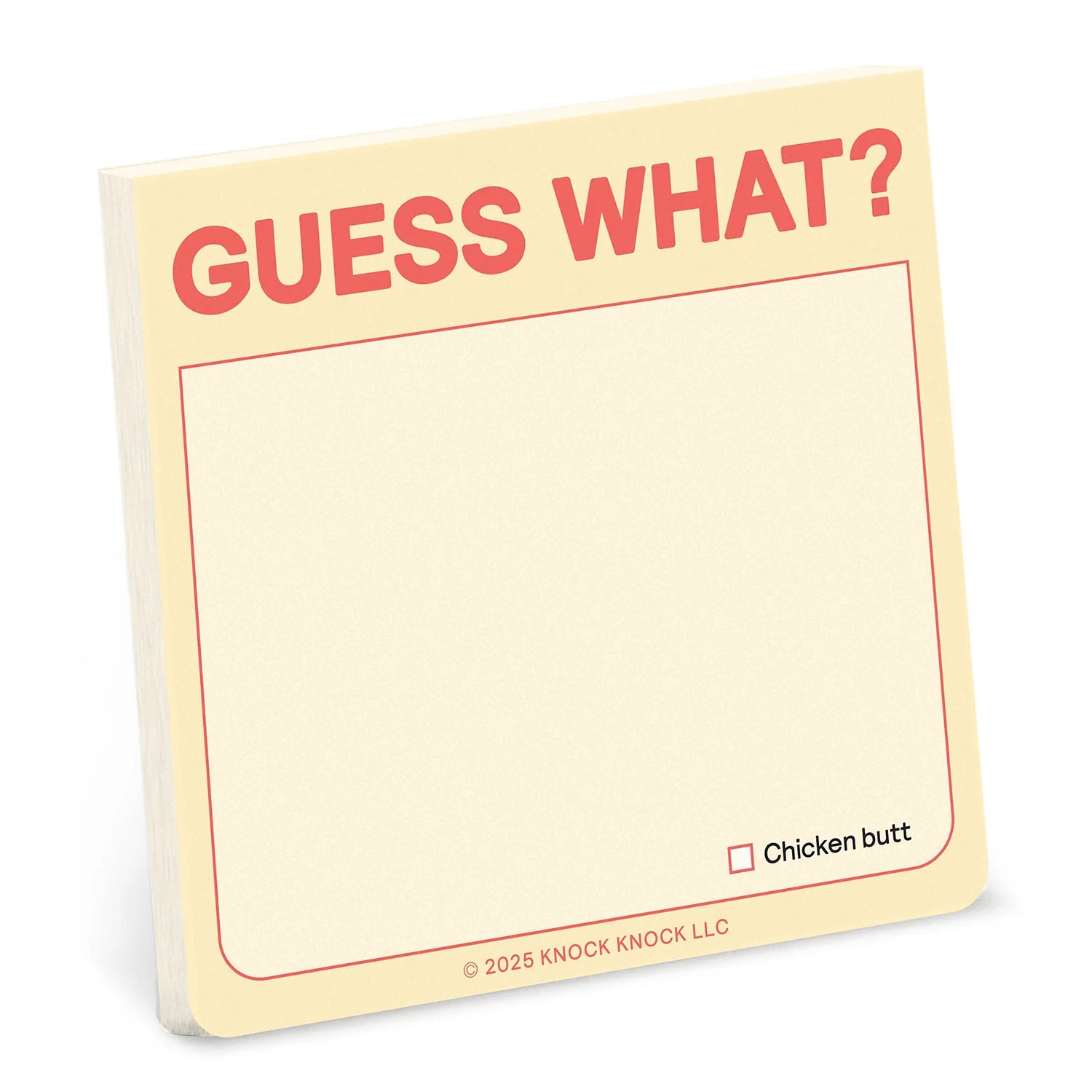 Notepad with 'Guess What?' text and a pencil on a pink background