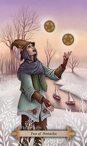 Bee Tarot sample card - "two of pentacles" boy with bees on clothes juggling two pentacles outside with snow on the ground. 