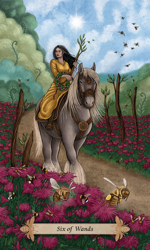 Bee Tarot sample card - "six of wands" picture of girl on horse with bees around. on path lined with pink flower 