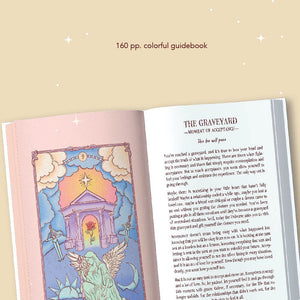 Open guidebook with colorful illustration and text on a beige background