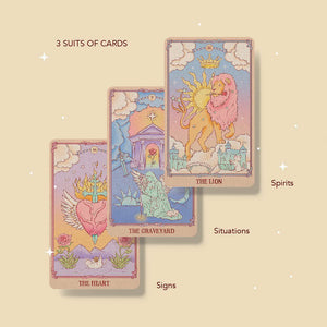 Three suits of oracle cards with colorful illustrations on a beige background