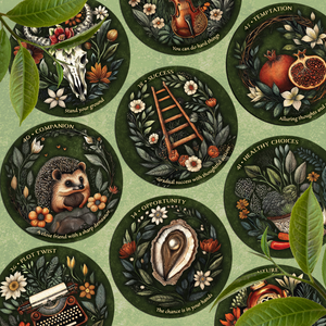 Decorative pattern with nature-themed illustrations on a green background