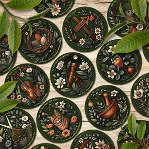 Collection of decorative cards with nature-themed designs on a wooden surface.