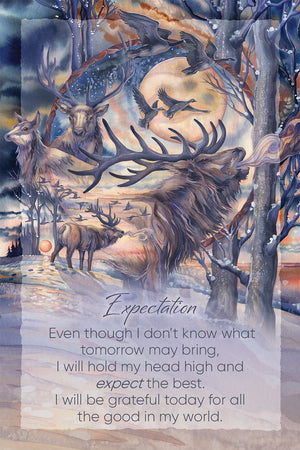 picture of sample card with moose, deer, and geese in forest.
"Expectation:
Even though I don't know what tomorrow may bring,
I will hold my head high and expect the best. 
I will be grateful today for all the good in my world."