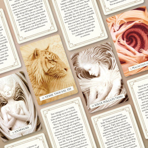 Collection of tarot cards with various designs and text on a beige background