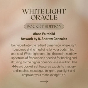 Promotional image for 'White Light Oracle Pocket Edition' with text about the product and artist.
