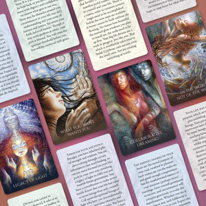 Collection of tarot cards with artistic illustrations and text on a pink background