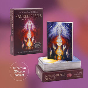 Sacred Rebels pocket Oracle card set with packaging on a purple gradient background
