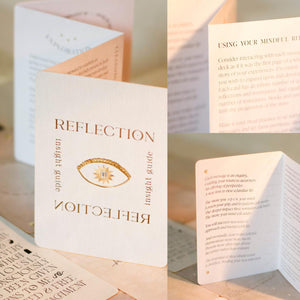 Book titled 'Reflection' with gold text on a cards laid out