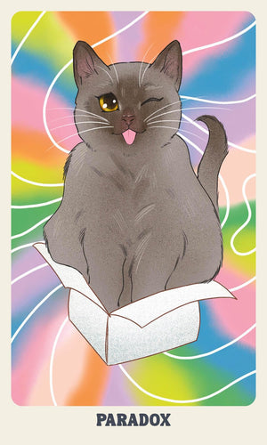 Illustration of a cat with a colorful abstract background and the word 'Paradox' at the bottom.