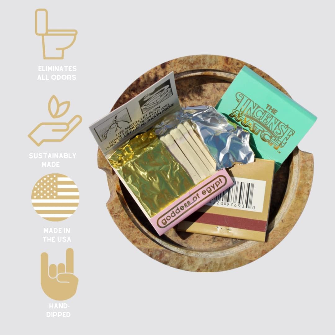 An assortment of colorful Incense Matches matchbooks are scattered on a purple surface. The matchbooks come in various colors including red, yellow, green, purple, and gold, with fragrances labeled such as "French Vanilla," "Patchouli," "Sandalwood," and others to eliminate odors.