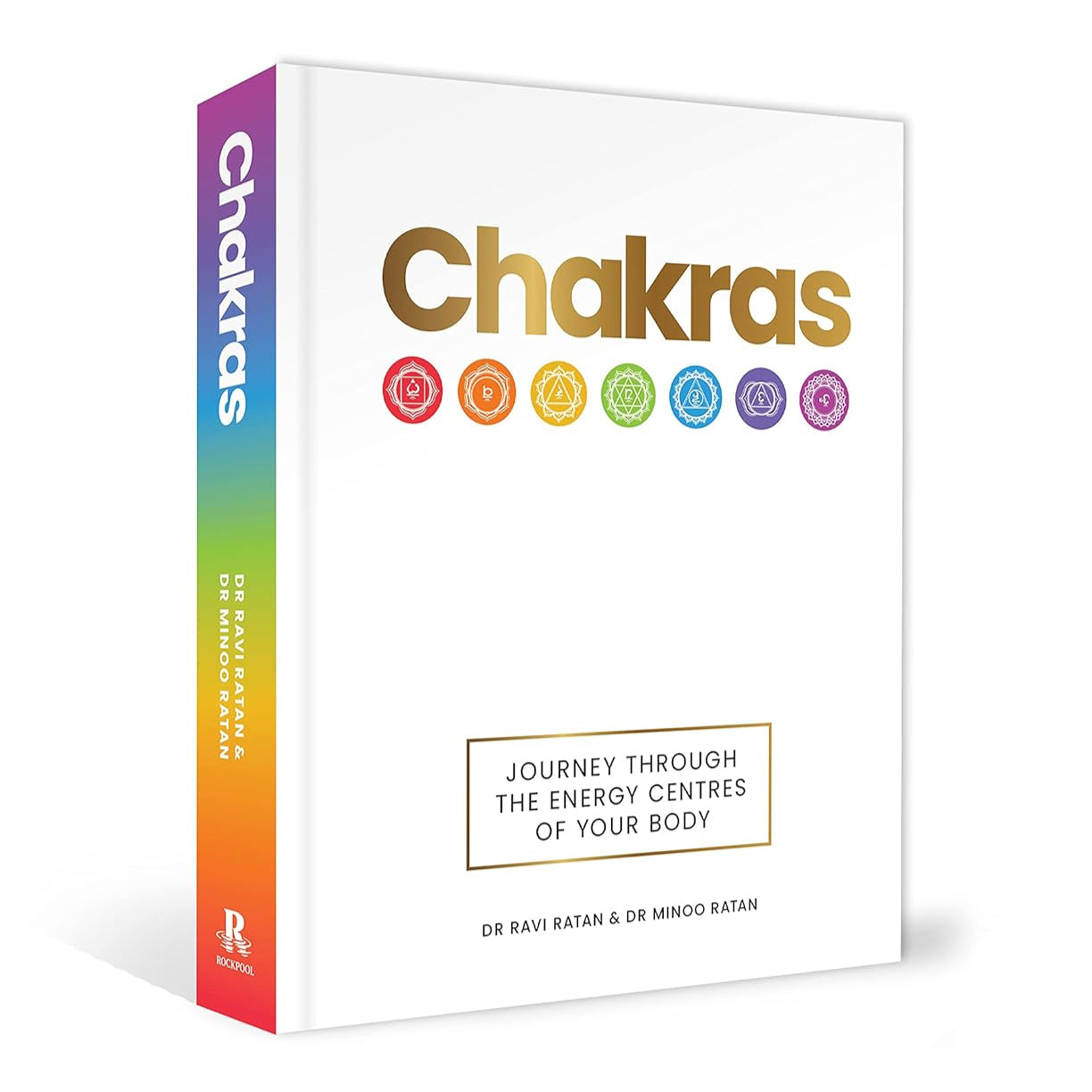 Book titled Chakras: Journey Through the Energy Centres of Your Body with chakra icons and a white cover by Dr. Ravi and Dr. Minoo Ratan.