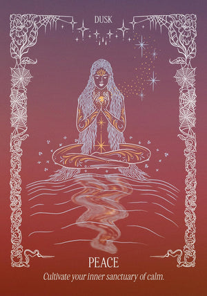 Illustration of a person in a meditative pose with 'Peace' text on a purple background
