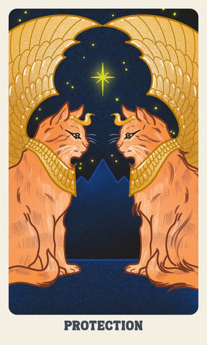 Two cats with gold collars facing each other under a star, with 'PROTECTION' at the bottom.