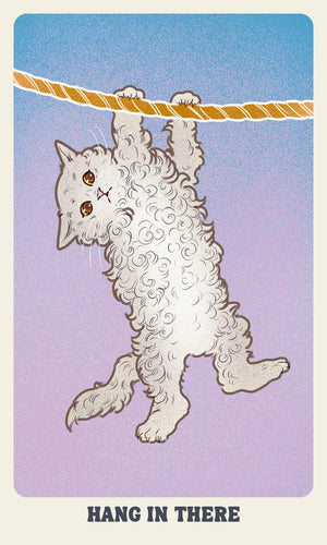 Illustration of a cat hanging from a rope with 'Hang in There' text on a pastel background