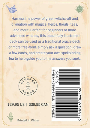 The Herbal Tea Magic for the Modern Witch Oracle Deck back cover "Harness the power of green witchcraft and divination with magical herbs, florals, teas, and more! Perfect for beginners or more advanced witches, this beautifully illustrated deck can be used as a traditional oracle deck
or more free-form: simply ask a question, draw a few cards, and create your own spellbinding tea to help guide you to the answers you seek."