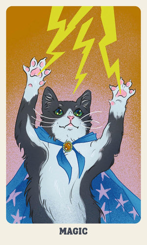 Cartoon cat in a blue cape with stars, lightning bolts, and the word 'MAGIC' on a colorful background.