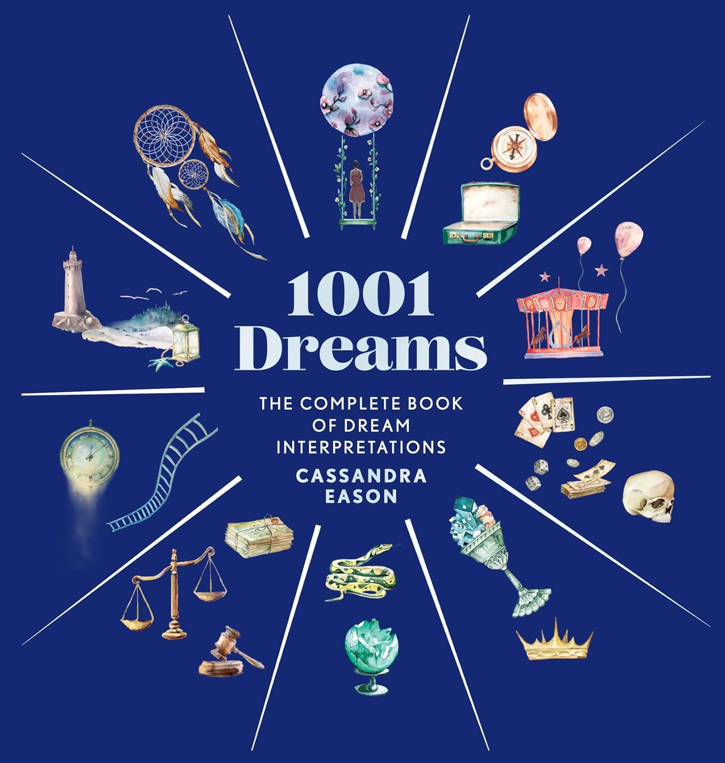 Book cover for "1001 Dreams: The Complete Book of Dream Interpretations." The cover features illustrations such as a dreamcatcher, a globe, a hot air balloon, and more, arranged in a radial pattern on a blue background to symbolize the vast realm of the subconscious mind.