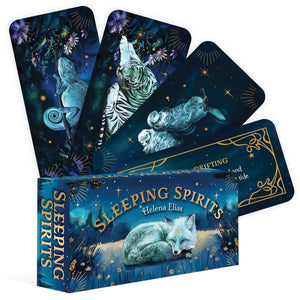 Set of 'Sleeping Spirits' cards with animal illustrations and packaging on a white background