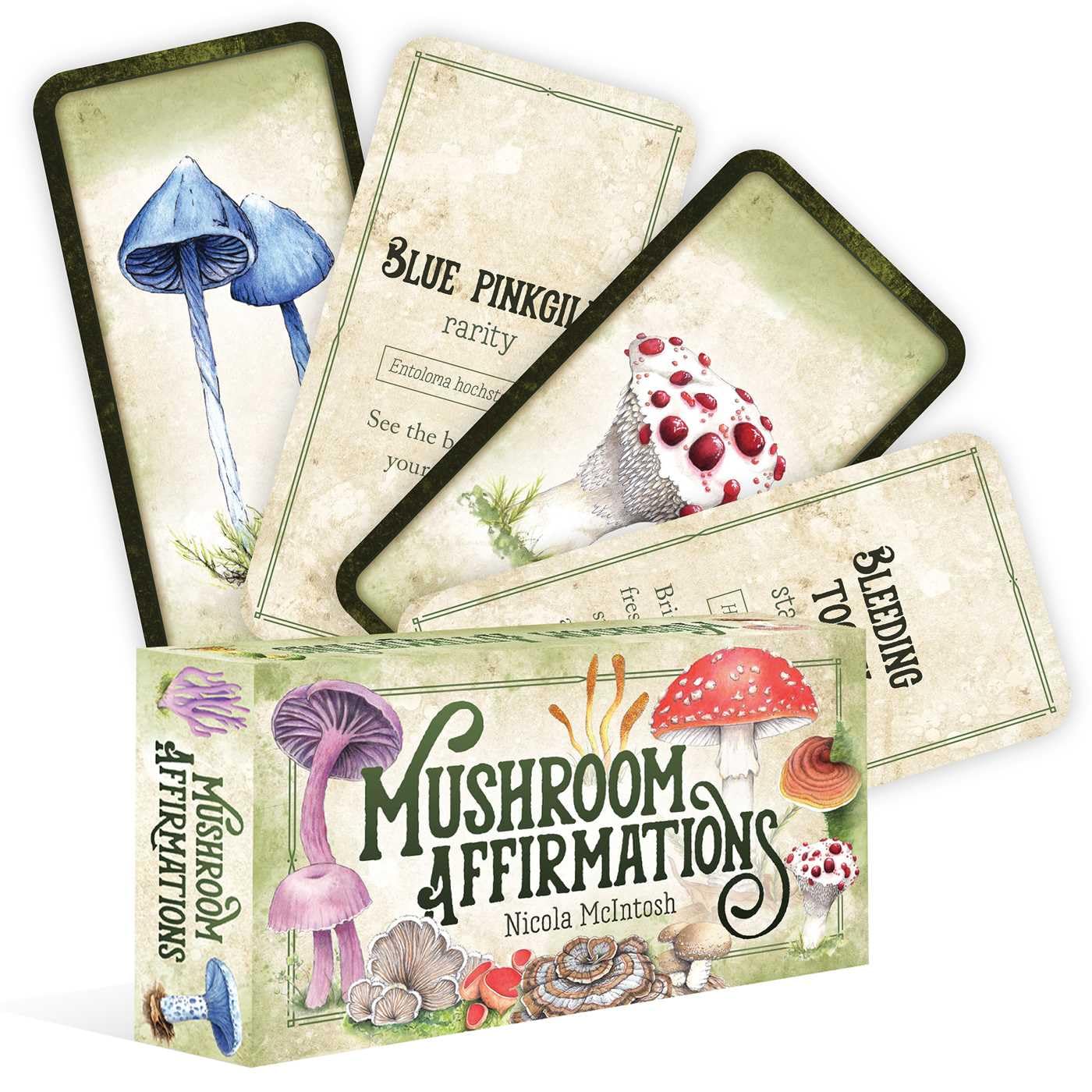 Mushroom Affirmations card set by Nicola McIntosh, with illustrated mushrooms like Blue Pinkgill and Bleeding Tooth.