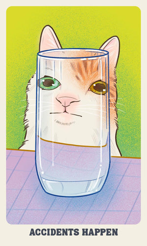 Cartoon cat with green eyes behind a glass, on a colorful background with 'Accidents Happen' text.