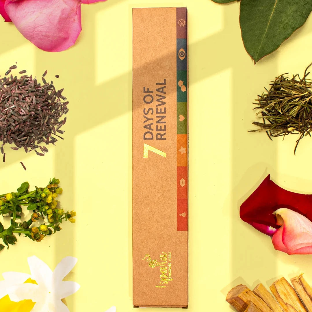Box labeled '7 Days of Renewal' surrounded by tea leaves, flowers, and wooden sticks on a yellow background