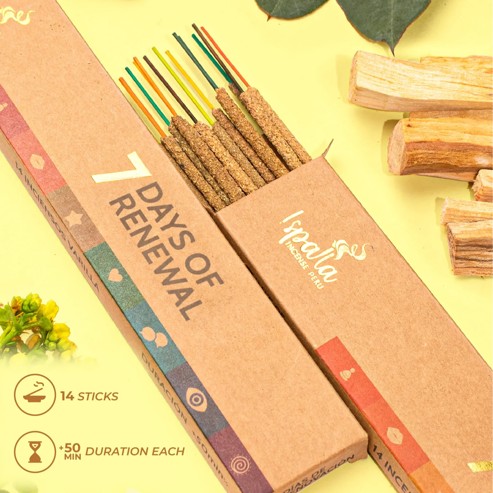 Box labeled '7 Days of Renewal' surrounded by tea leaves, flowers, and wooden sticks on a yellow background