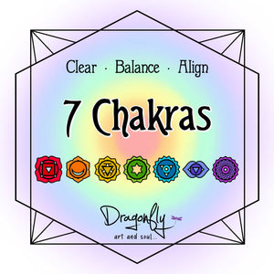 Rainbow-toned label featuring chakra symbols and the words 'Clear · Balance · Align' and '7 Chakras' with Dragonfly logo.
