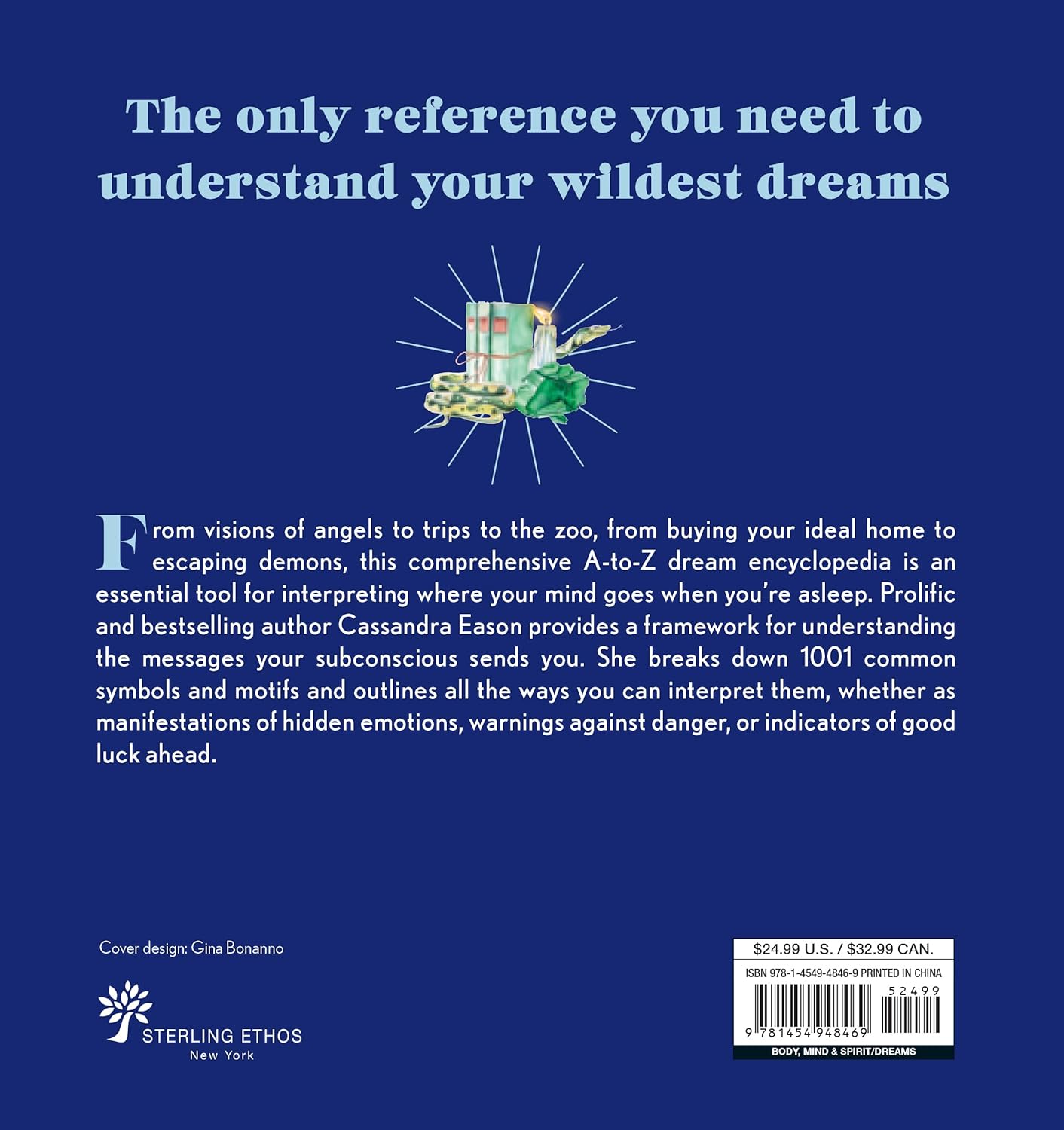 Book cover for "1001 Dreams: The Complete Book of Dream Interpretations." The cover features illustrations such as a dreamcatcher, a globe, a hot air balloon, and more, arranged in a radial pattern on a blue background to symbolize the vast realm of the subconscious mind.