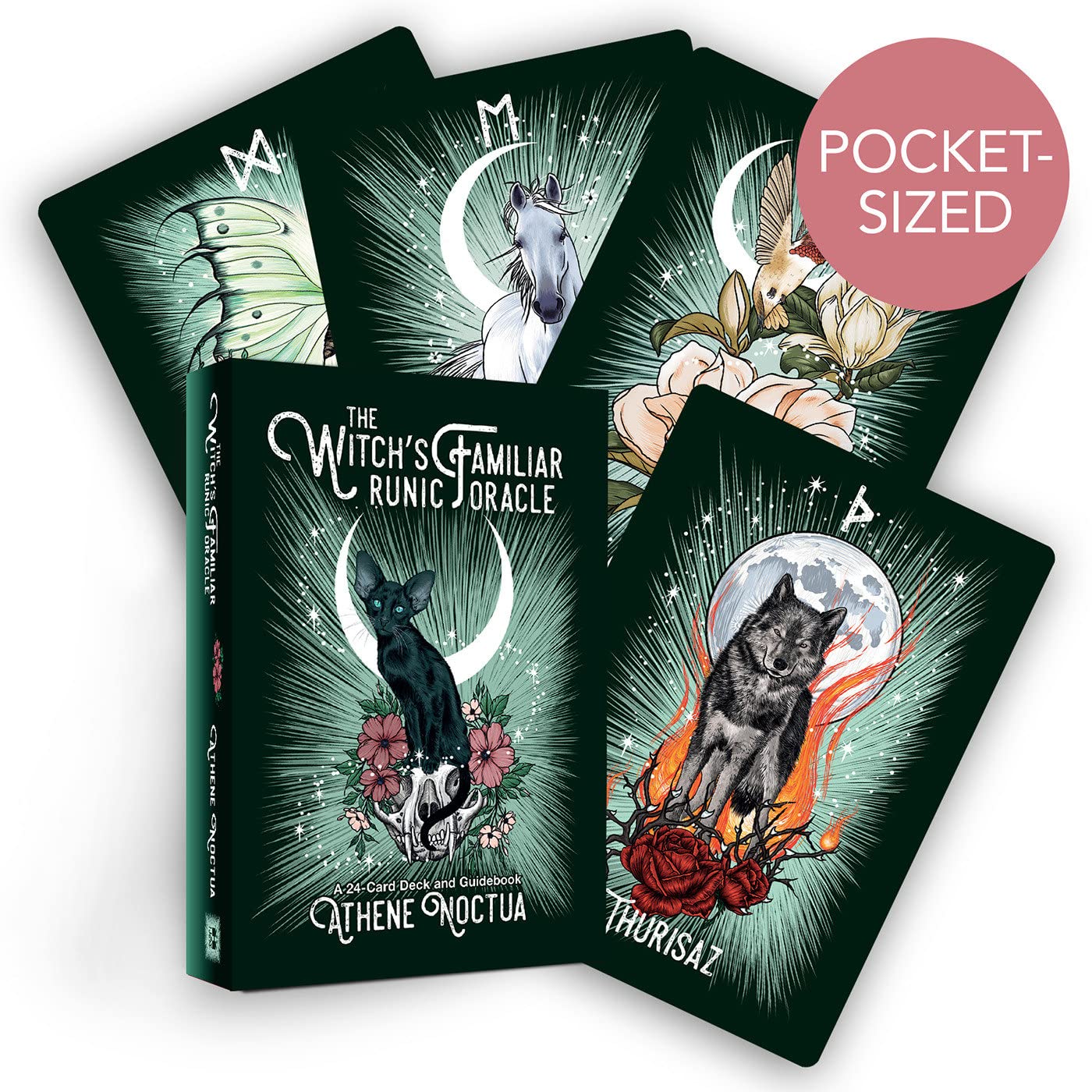 A set of illustrated divination cards titled "The Witch’s Familiar Runic Oracle: A 24-Card Deck and Guidebook" by Athene Noctua. The pocket-sized cards feature mystical animal companions like a black cat, white horse, fox, and butterfly with Nordic rune interpretations to enhance your divination practice.