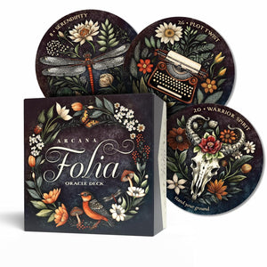 Arcana Folia Oracle Deck with three cards showing artistic designs on a white background