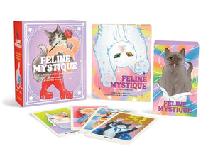 Feline Mystique card deck packaging with colorful illustrations of cats on a white background