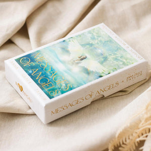 Card deck titled 'Messages of Angels' on a beige fabric background