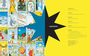 Contents page of a book with tarot card illustrations and a large star design.