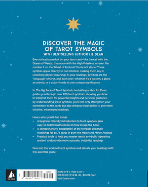 Book back cover with text about tarot symbols and author Liz Dean on a blue background with star designs.