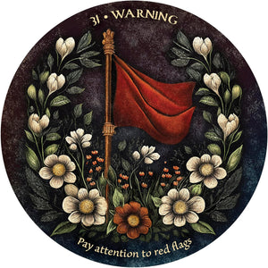 Decorative circular design with flowers, a red flag, and text on a dark background
