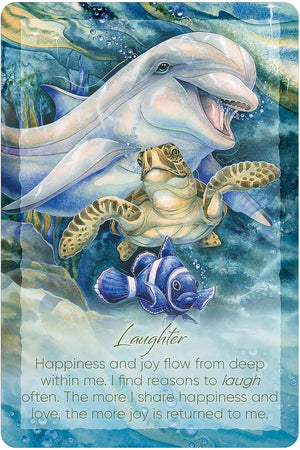 Illustration of dolphins, turtle, and fish with a quote about laughter and happiness.