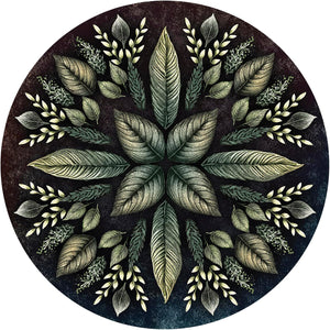 Circular design of green leaves and branches on a dark background