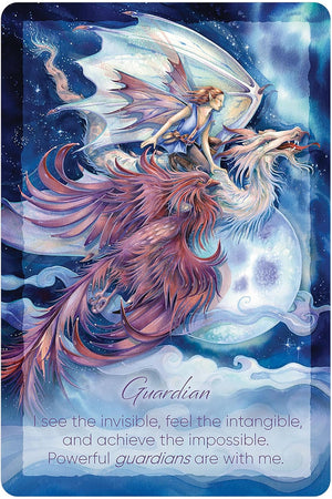Fairy riding a dragon with celestial background and text 'Guardian' on a card.