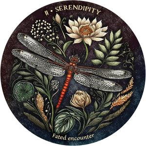Decorative circular design with a dragonfly, flowers, and leaves on a dark background with 'Serendipity' text.