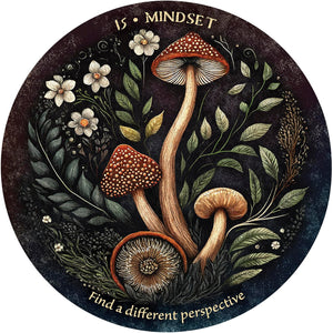 Decorative circular design with mushrooms, flowers, and leaves, featuring the text 'MINDSET is a different perspective'.