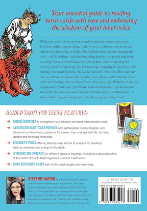 Back cover of a book about tarot reading for teens with illustrations and text.