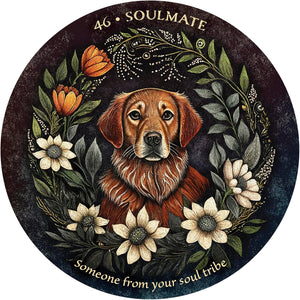 Circular design with a dog illustration surrounded by flowers and foliage, labeled 'Soulmate'.