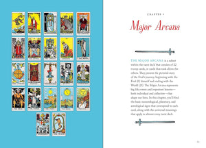 Page from a book about tarot cards with Major Arcana cards displayed on a blue background.