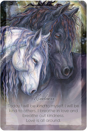 Two horses with a quote about kindness on a card