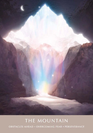 The Dreamgate Oracle sample card - The Mountain: Obstacles Ahead · Overcome Fear · Perseverance